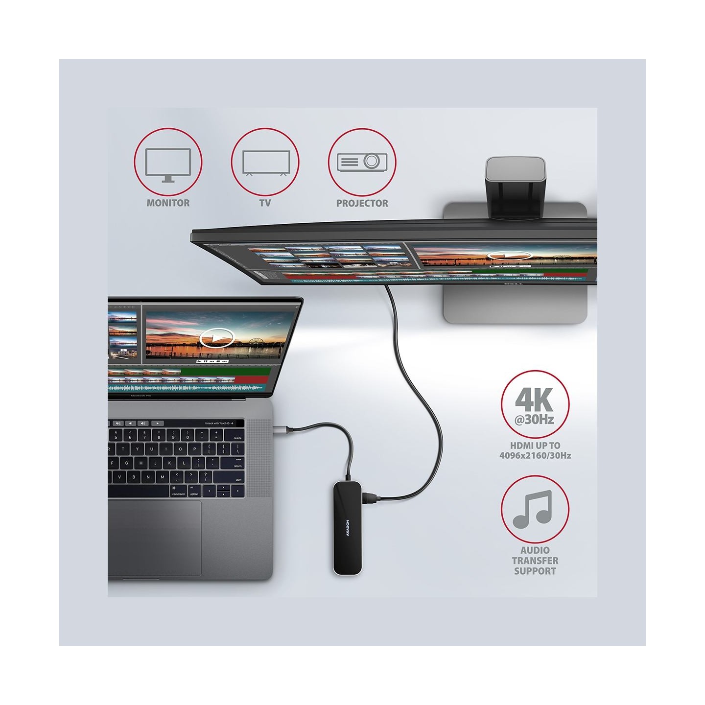 Axagon Multiport USB 3.2 Gen 1 hub. HDMI, Gigabit LAN and Power Delivery. 20 cm USB-C cable.