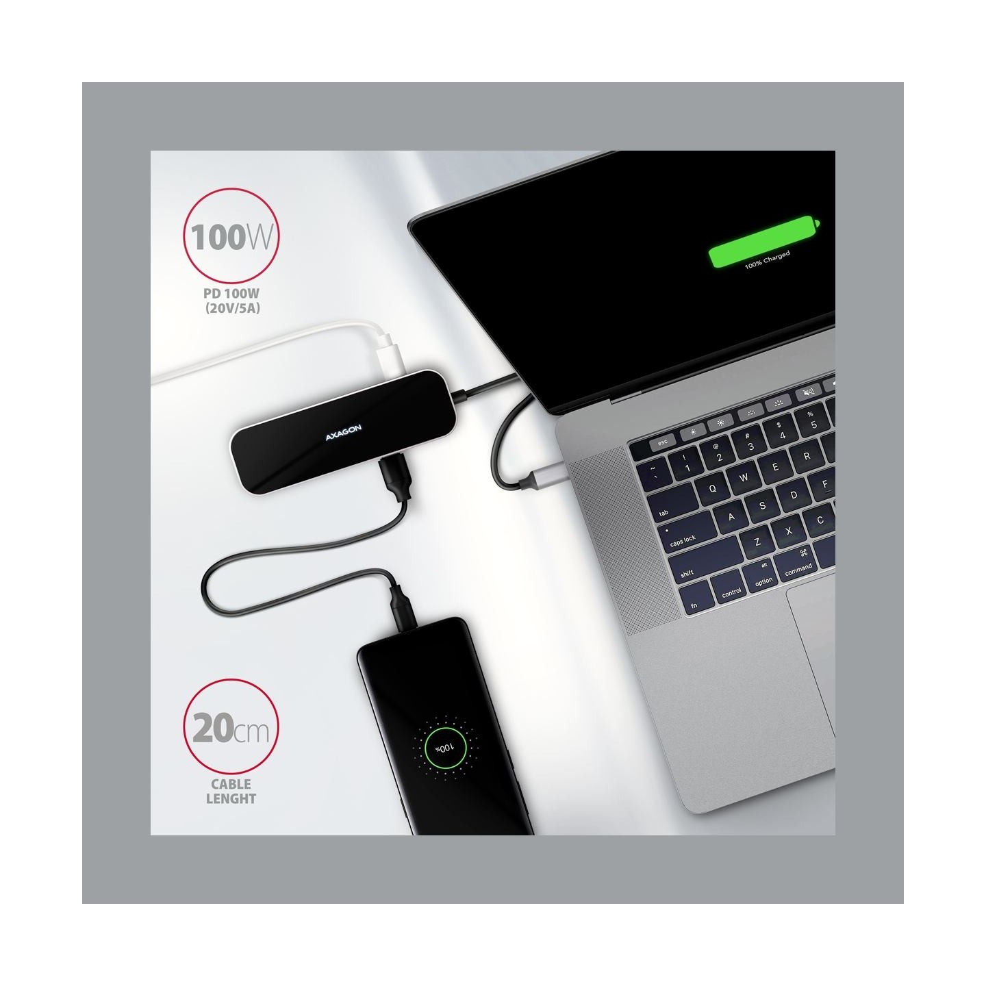 Axagon HMC-6GL 3x USB-A, HDMI, RJ-45, USB 3.2 Gen 1 hub, PD 100W, 20cm USB-C cable