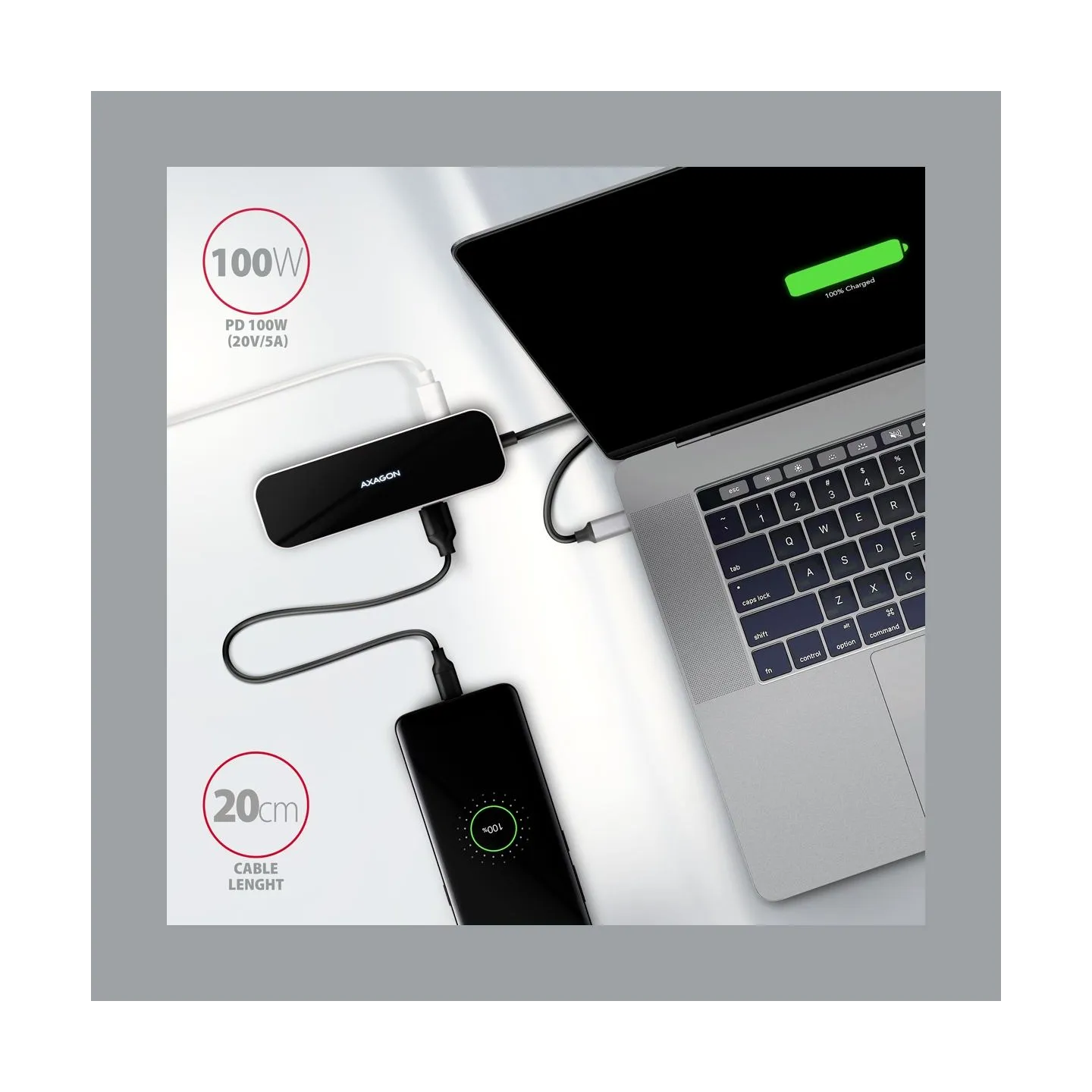 Axagon Multiport USB 3.2 Gen 1 hub. HDMI, Gigabit LAN and Power Delivery. 20 cm USB-C cable.