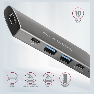 Axagon Hub HMC-5G2 2x USB-A + 2x USB-C + HDMI, USB-C 3.2 Gen 2 10Gbps, PD 60W, 13cm USB-C cable