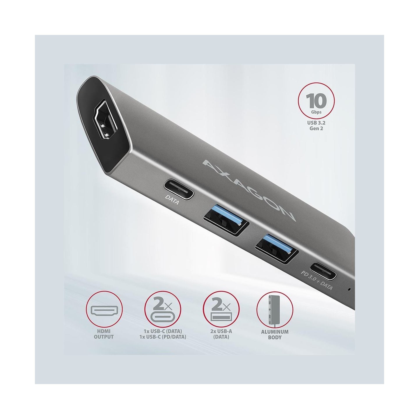 Axagon Hub HMC-5G2 2x USB-A + 2x USB-C + HDMI, USB-C 3.2 Gen 2 10Gbps, PD 60W, 13cm USB-C cable