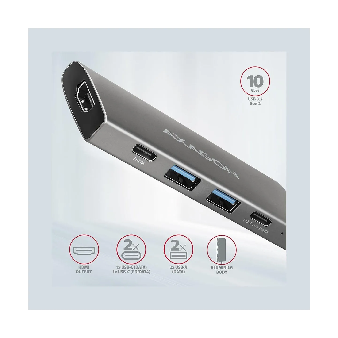 Axagon Hub HMC-5G2 2x USB-A + 2x USB-C + HDMI, USB-C 3.2 Gen 2 10Gbps, PD 60W, 13cm USB-C cable