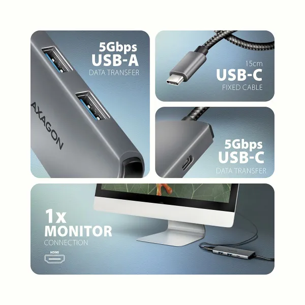 Axagon HMC-5H8K USB 5Gbps hub, 2x USB-A, USB-C, HDMI 8k/30Hz, PD 100W,