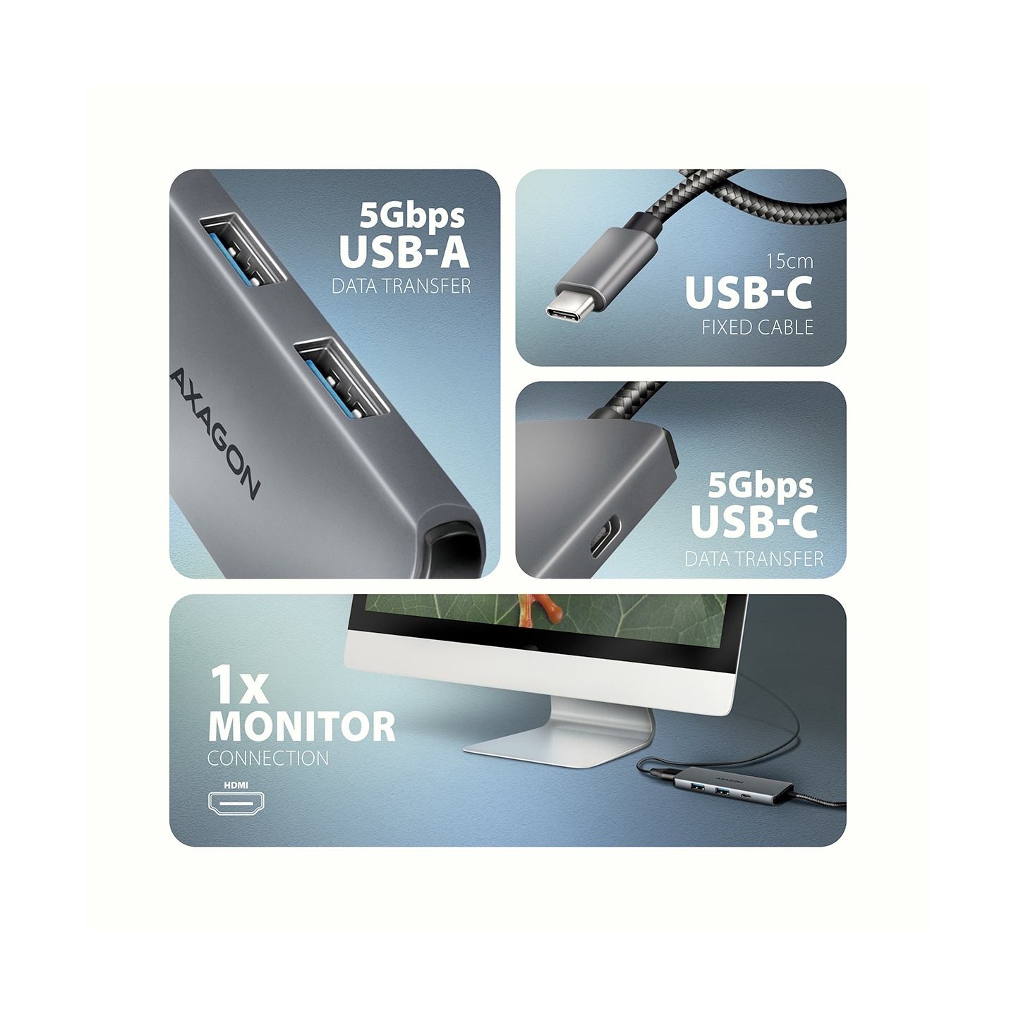 Axagon HMC-5H8K USB 5Gbps hub, 2x USB-A, USB-C, HDMI 8k/30Hz, PD 100W,