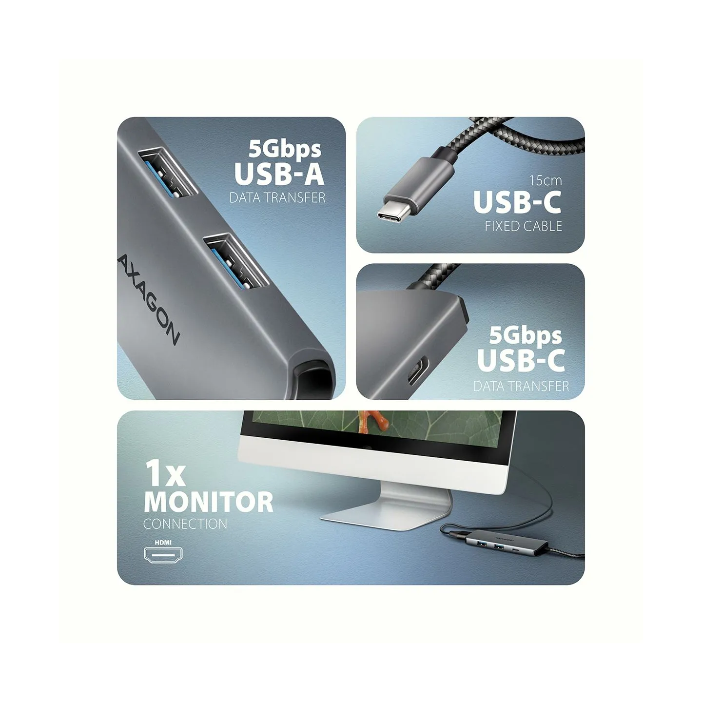 Axagon HMC-5H8K USB 5Gbps hub, 2x USB-A, USB-C, HDMI 8k/30Hz, PD 100W,