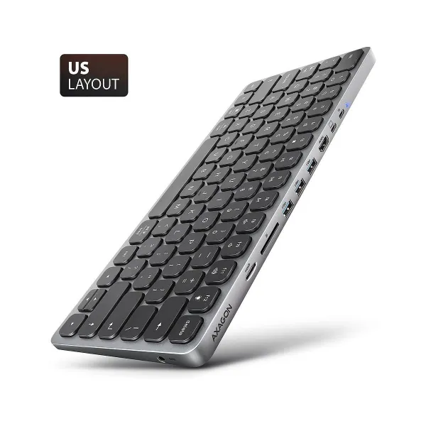 Axagon HMC-KB keyboard USB-C 5Gbps with HUB, microSD/SD, 3x USB-A, HDMI 4K/60Hz, PD 100W, Audio, US layout