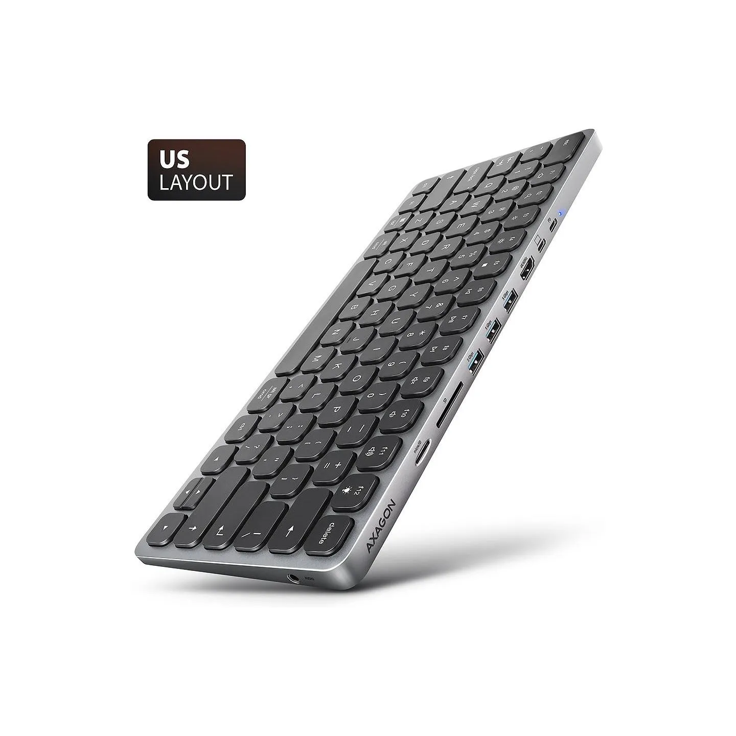 Axagon HMC-KB keyboard USB-C 5Gbps with HUB, microSD/SD, 3x USB-A, HDMI 4K/60Hz, PD 100W, Audio, US layout