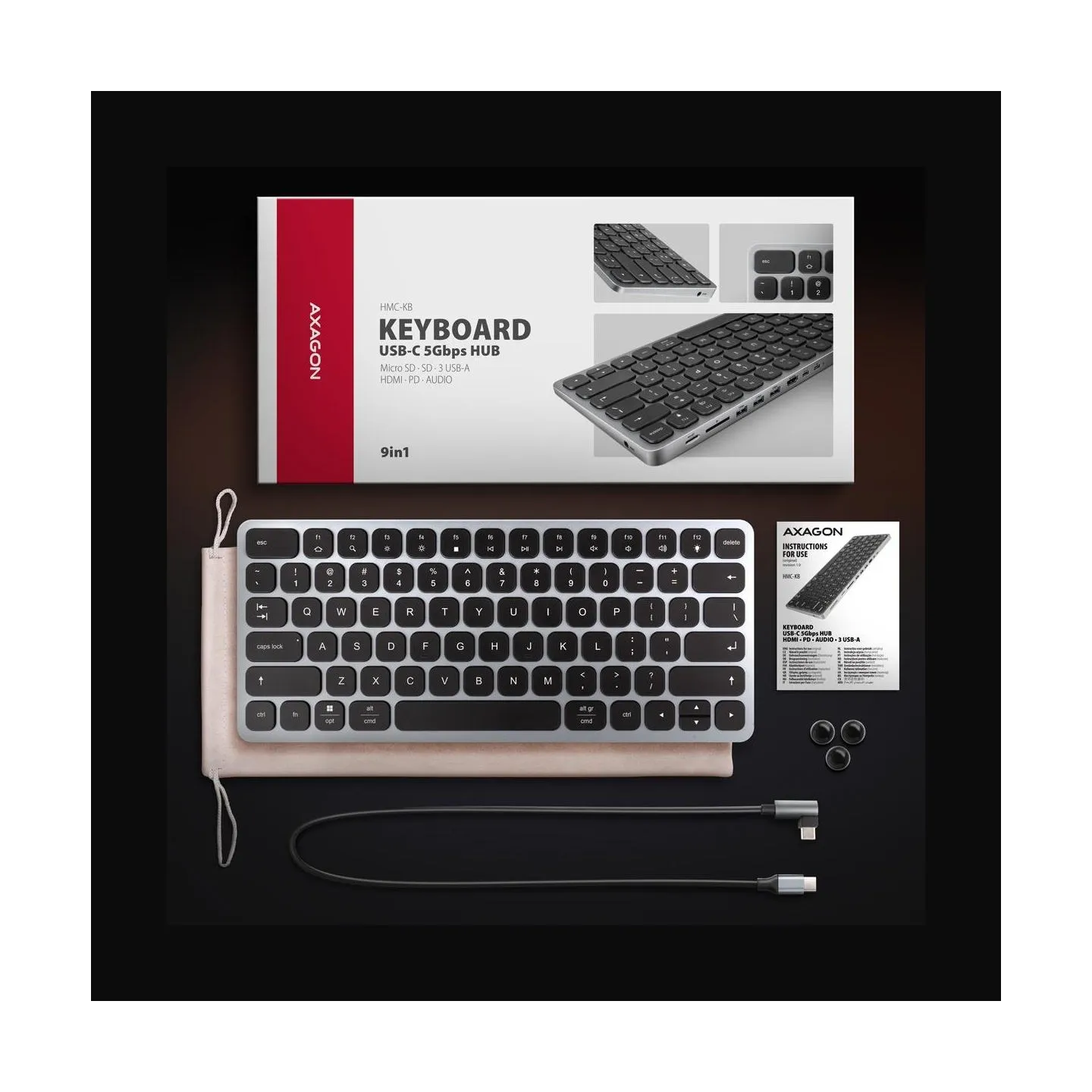 Axagon HMC-KB-US USB hub 8in1 5Gbps keyboard HDMI PD