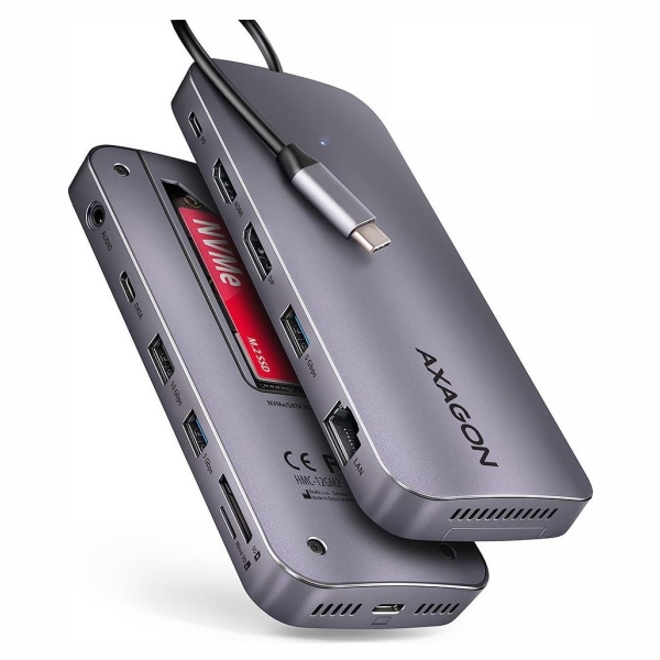 Axagon Multiport USB-C 10Gbps hub. NVMe/SATA M.2, HDMI and DisplayPort. Cable USB-C 50 cm.