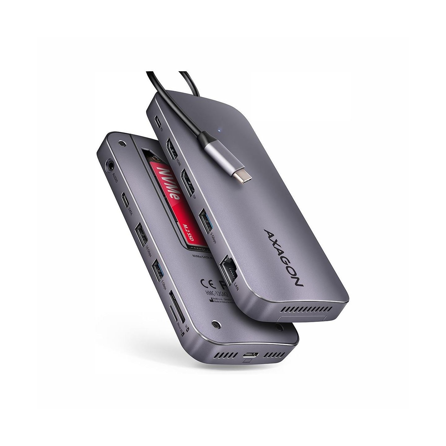 Axagon HMC-12GM2 USB hub 12in1 10Gbps HDMI DP LAN M.2