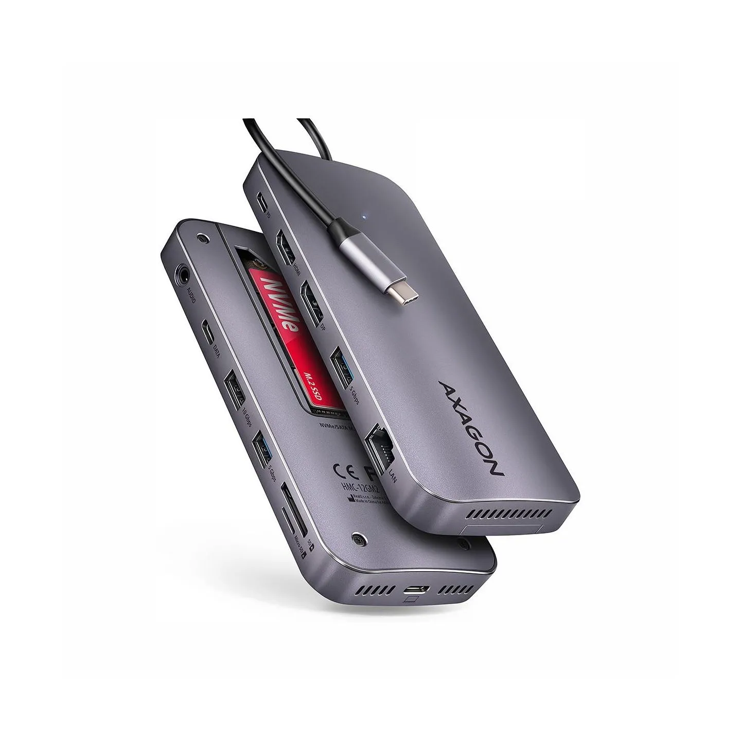 Axagon HMC-12GM2 USB hub 12in1 10Gbps HDMI DP LAN M.2