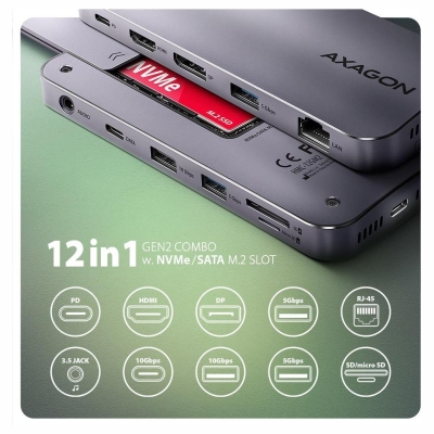 Axagon HMC-12GM2 USB hub 12in1 10Gbps HDMI DP LAN M.2