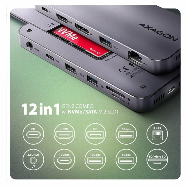 Axagon HMC-12GM2 USB hub 12in1 10Gbps HDMI DP LAN M.2