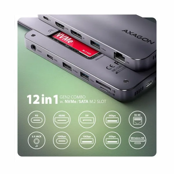 Axagon HMC-12GM2 USB hub 12in1 10Gbps HDMI DP LAN M.2