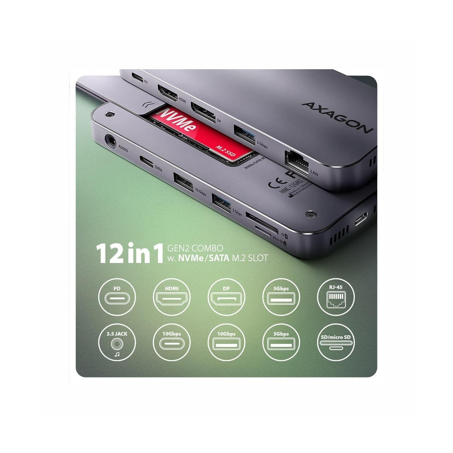 Axagon HMC-12GM2 USB hub 12in1 10Gbps HDMI DP LAN M.2