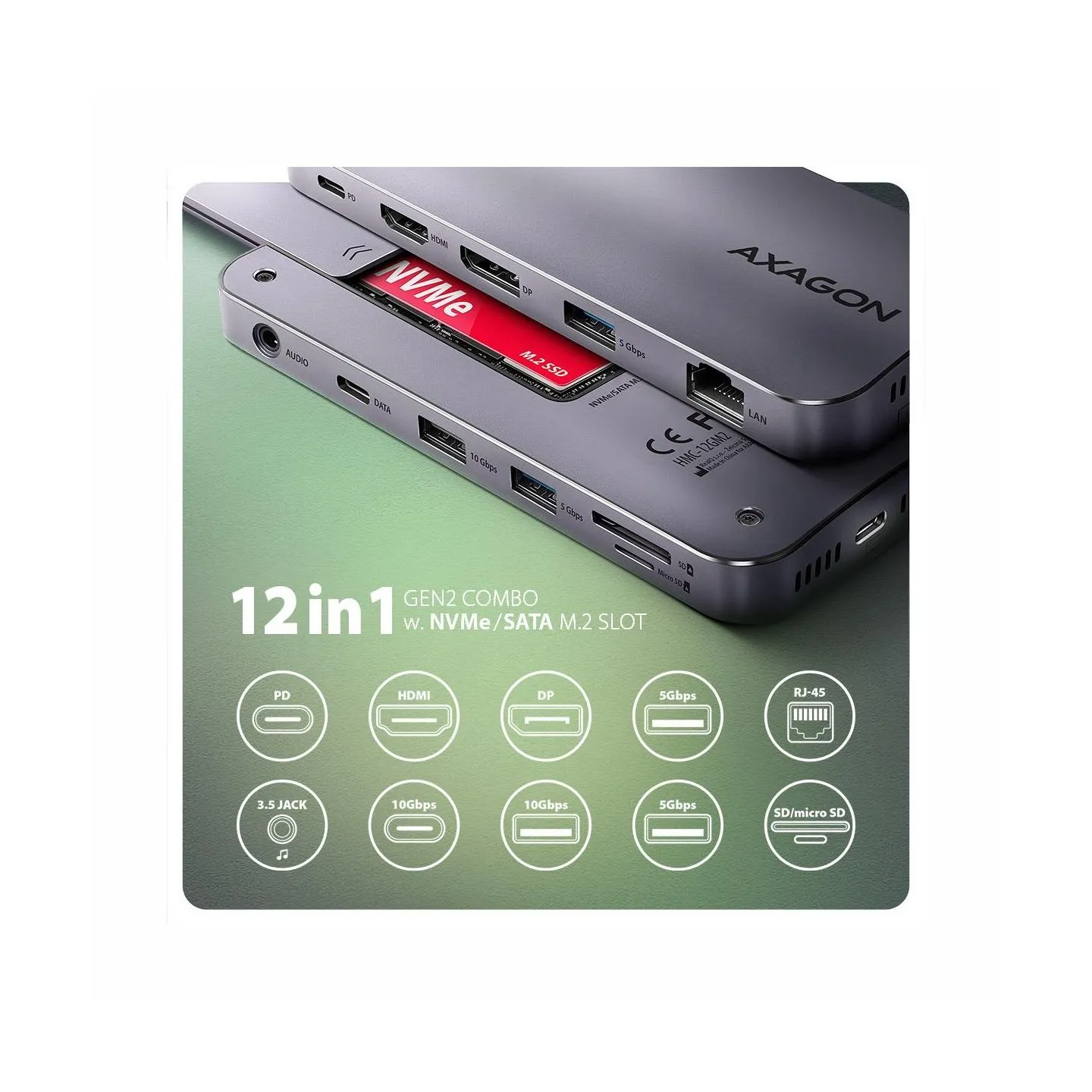 Axagon Multiport USB-C 10Gbps hub. NVMe/SATA M.2, HDMI and DisplayPort. Cable USB-C 50 cm.