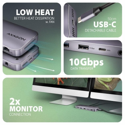 Axagon HMC-12GM2 USB hub 12in1 10Gbps HDMI DP LAN M.2