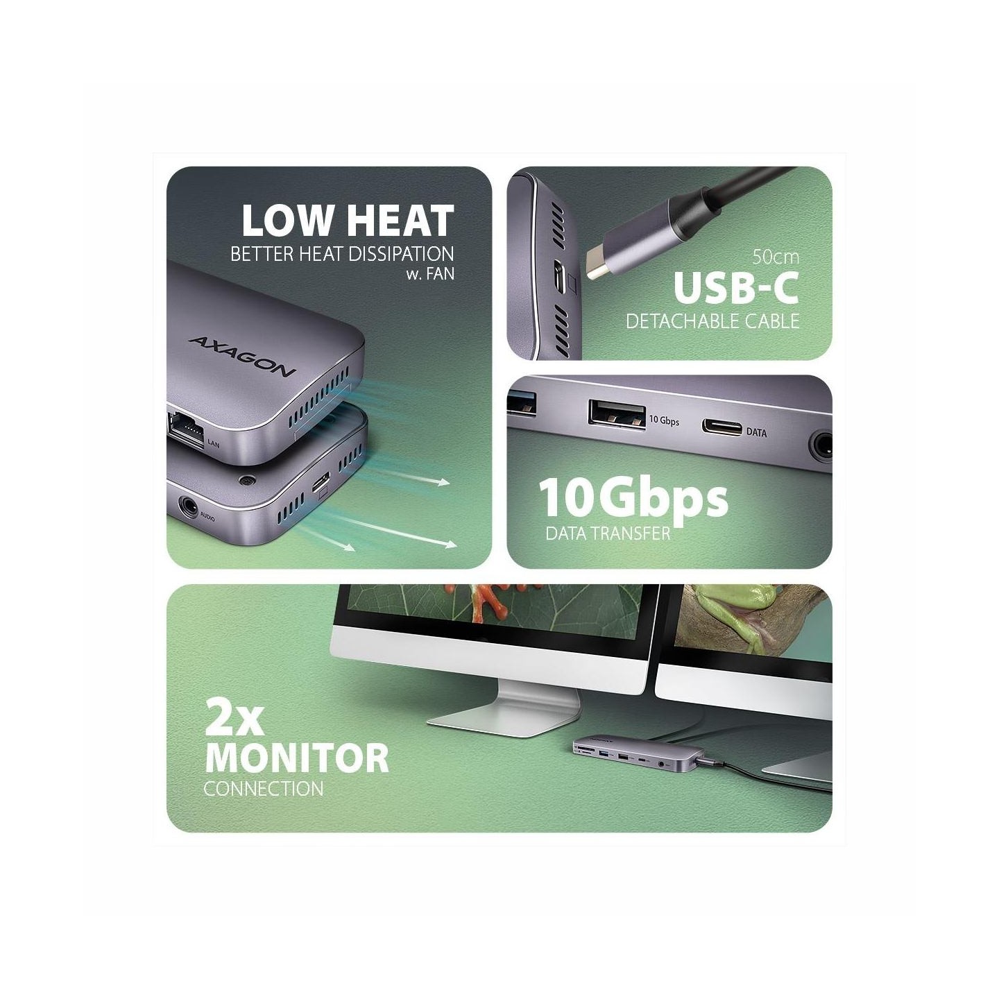Axagon HMC-12GM2 USB hub 12in1 10Gbps HDMI DP LAN M.2