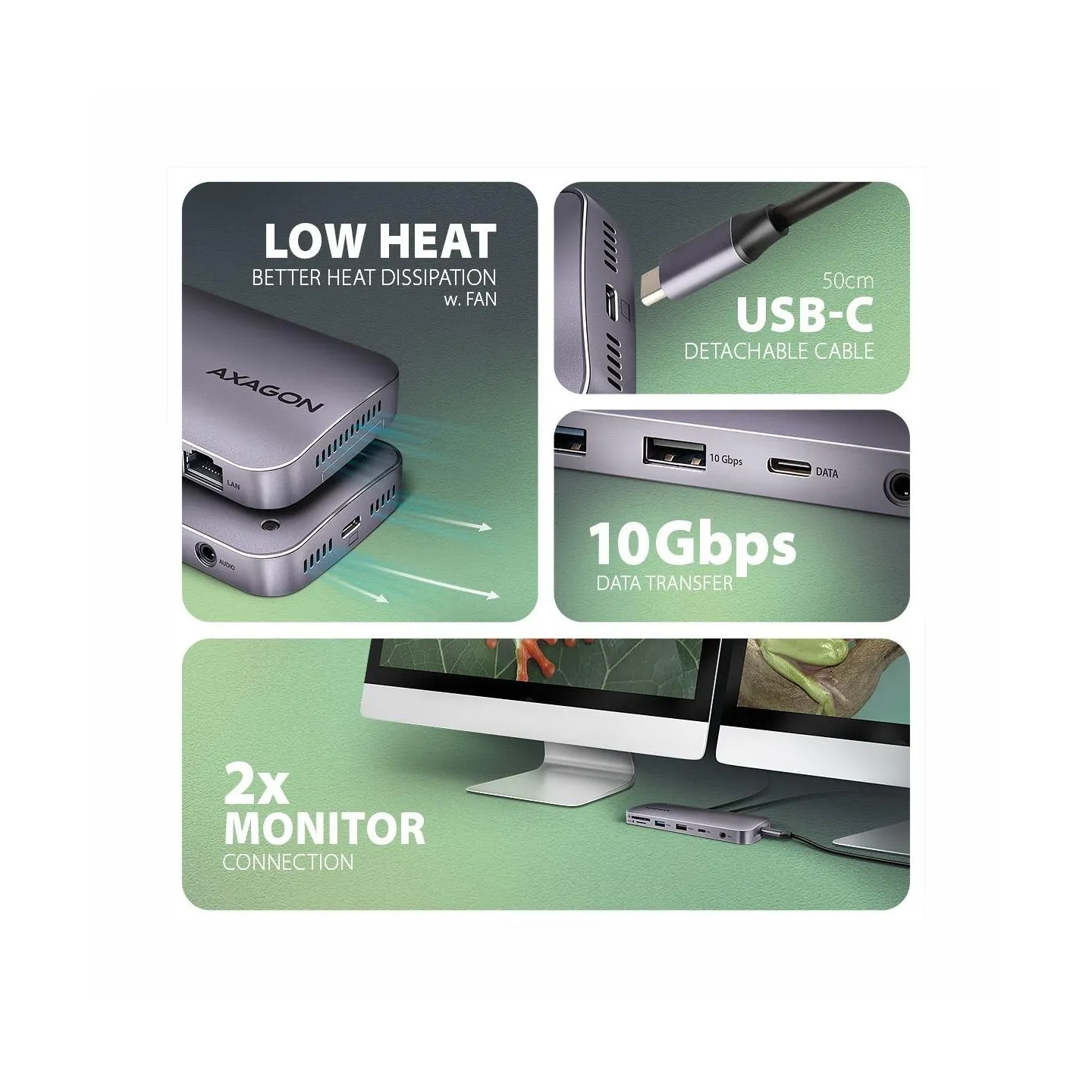 Axagon HMC-12GM2 USB hub 12in1 10Gbps HDMI DP LAN M.2