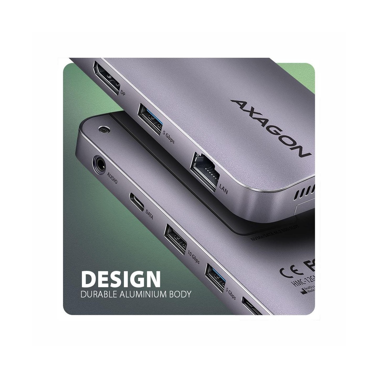 Axagon HMC-12GM2 USB hub 12in1 10Gbps HDMI DP LAN M.2