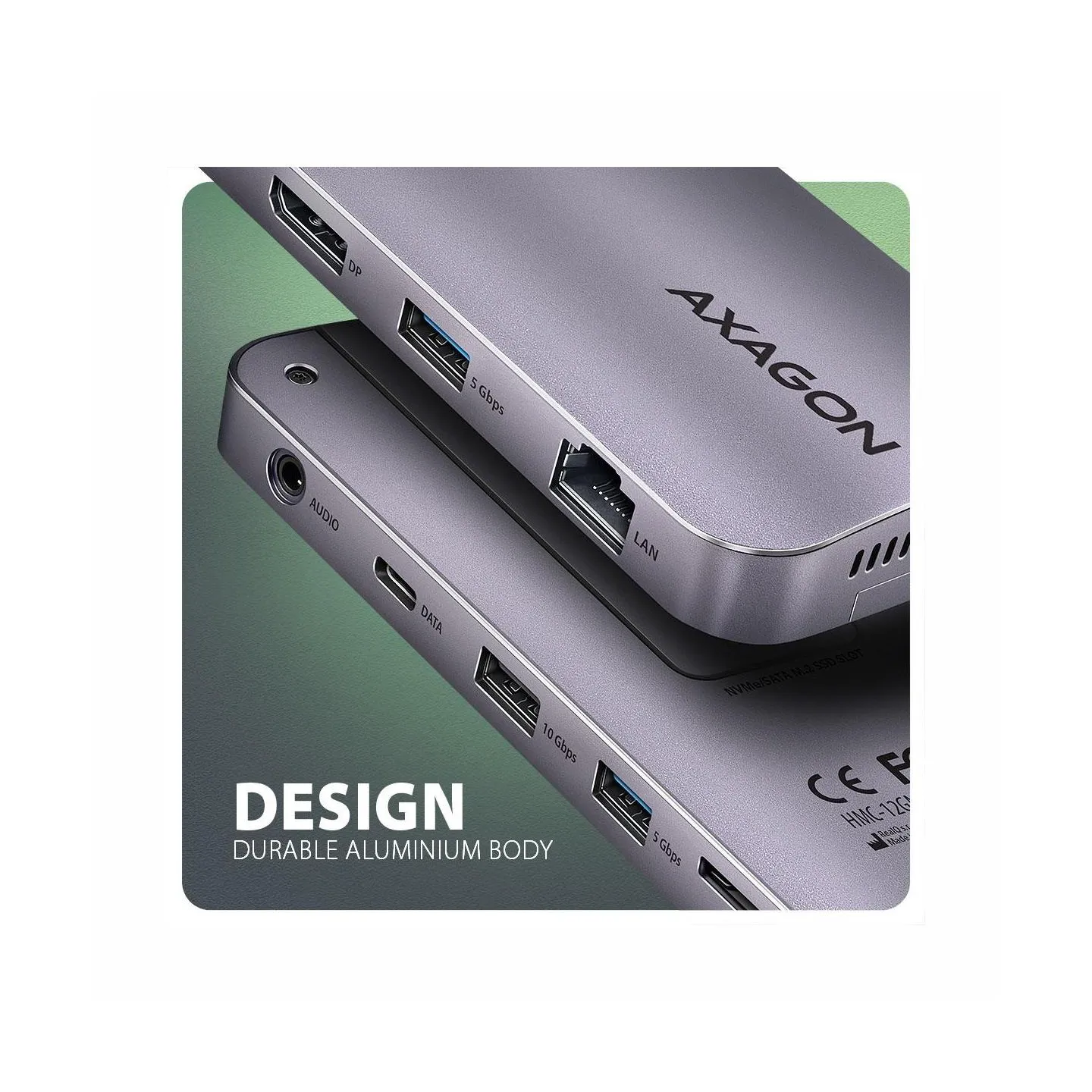 Axagon HMC-12GM2 USB hub 12in1 10Gbps HDMI DP LAN M.2