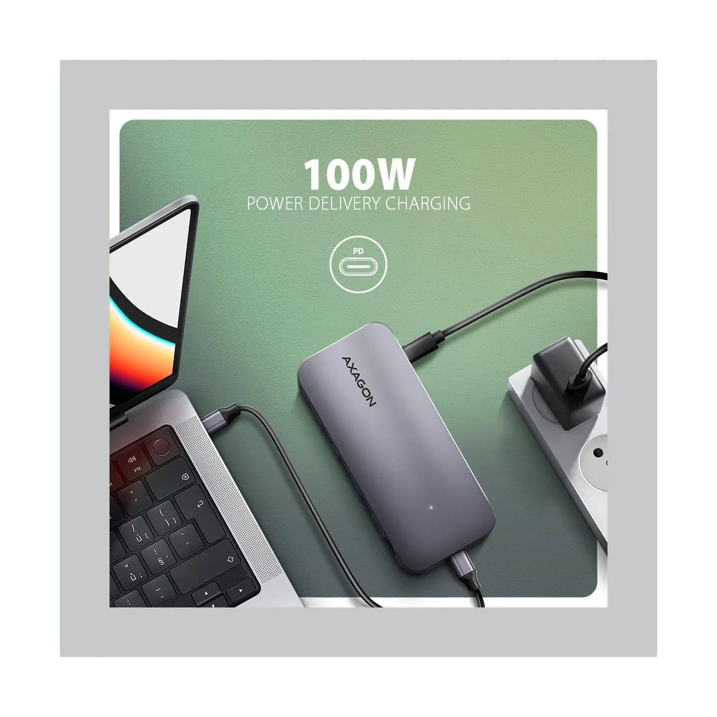 Axagon Multiport USB-C 10Gbps hub. NVMe/SATA M.2, HDMI and DisplayPort. Cable USB-C 50 cm.