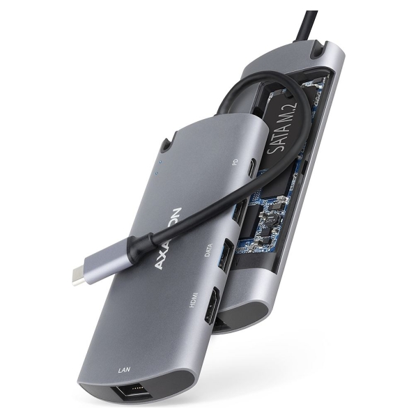 Axagon Hub HMC-6M2 USB-C 3.2 Gen 1 hub w. M.2 SATA + HDMI + GLAN + 2x USB-A + PD 100W