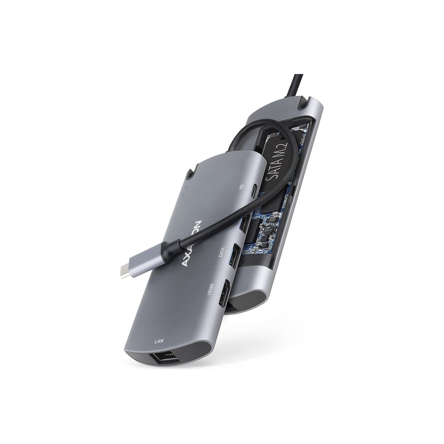 Axagon HMC-6M2 SUPERSPEED USB-C COMBO 6IN1 HUBMultiport USB 3.2 Gen 1 hub. SATA M.2, HDMI, Gigabit LAN and Power Delivery. Cable