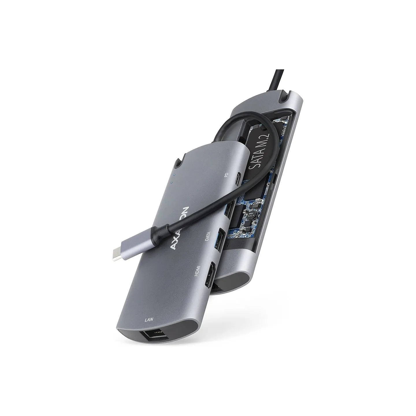 Axagon Hub HMC-6M2 USB-C 3.2 Gen 1 hub w. M.2 SATA + HDMI + GLAN + 2x USB-A + PD 100W