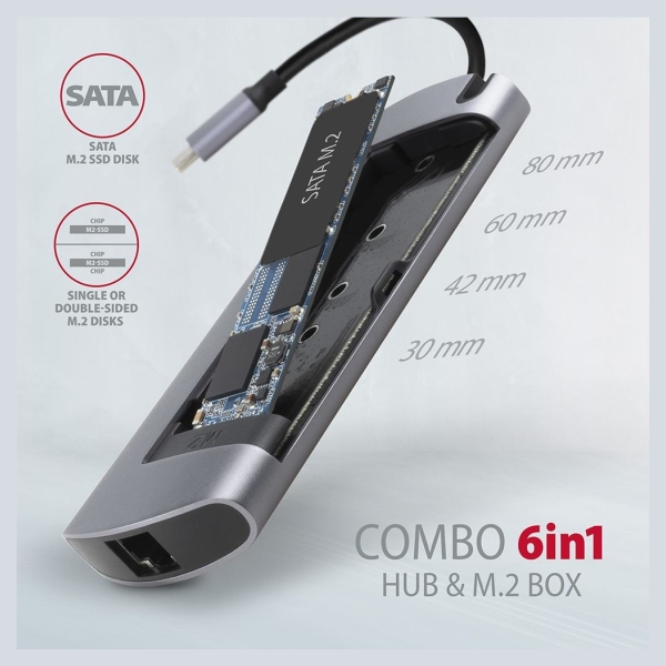 Axagon HMC-6M2 SUPERSPEED USB-C COMBO 6IN1 HUBMultiport USB 3.2 Gen 1 hub. SATA M.2, HDMI, Gigabit LAN and Power Delivery. Cable