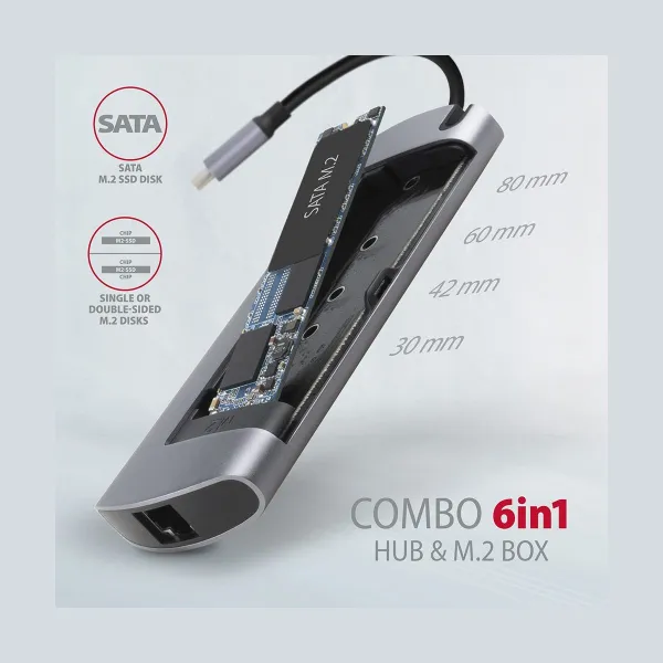 Axagon HMC-6M2 SUPERSPEED USB-C COMBO 6IN1 HUBMultiport USB 3.2 Gen 1 hub. SATA M.2, HDMI, Gigabit LAN and Power Delivery. Cable