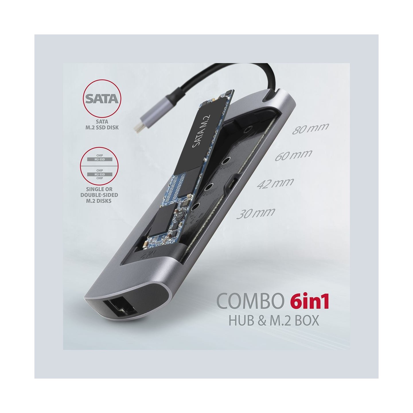Axagon HMC-6M2 SUPERSPEED USB-C COMBO 6IN1 HUBMultiport USB 3.2 Gen 1 hub. SATA M.2, HDMI, Gigabit LAN and Power Delivery. Cable