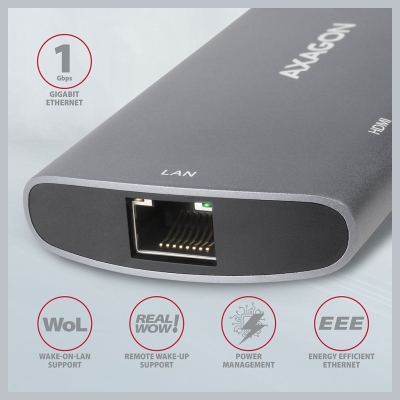 Axagon Hub HMC-6M2 USB-C 3.2 Gen 1 hub w. M.2 SATA + HDMI + GLAN + 2x USB-A + PD 100W