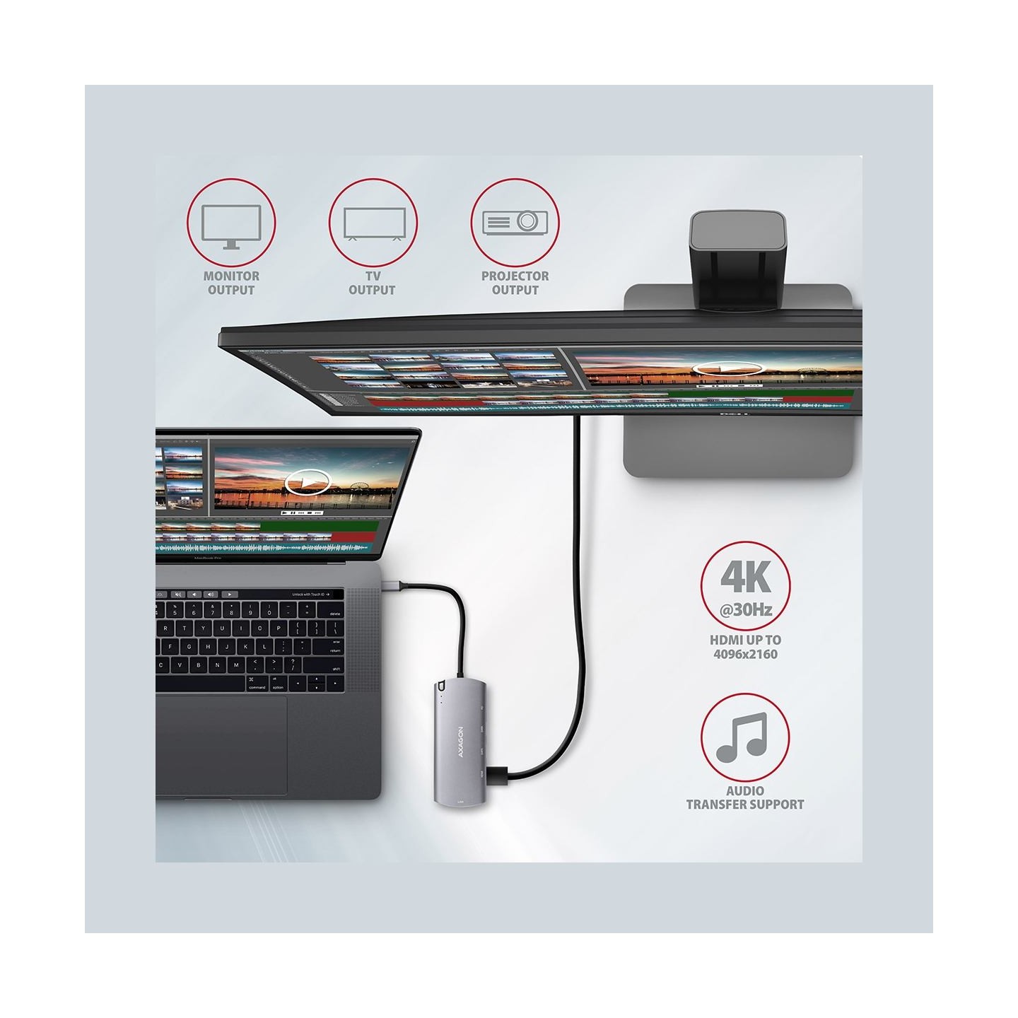 Axagon HMC-6M2 SUPERSPEED USB-C COMBO 6IN1 HUBMultiport USB 3.2 Gen 1 hub. SATA M.2, HDMI, Gigabit LAN and Power Delivery. Cable