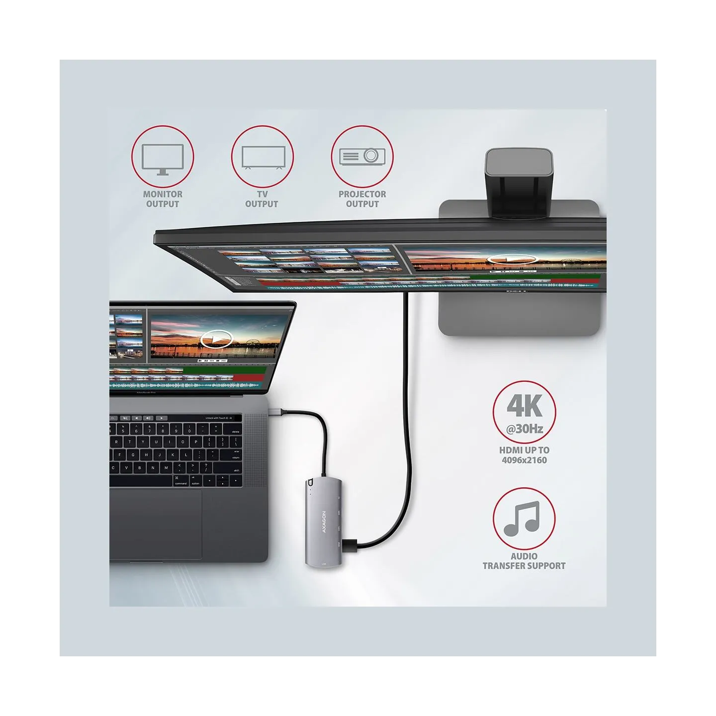Axagon Hub HMC-6M2 USB-C 3.2 Gen 1 hub w. M.2 SATA + HDMI + GLAN + 2x USB-A + PD 100W