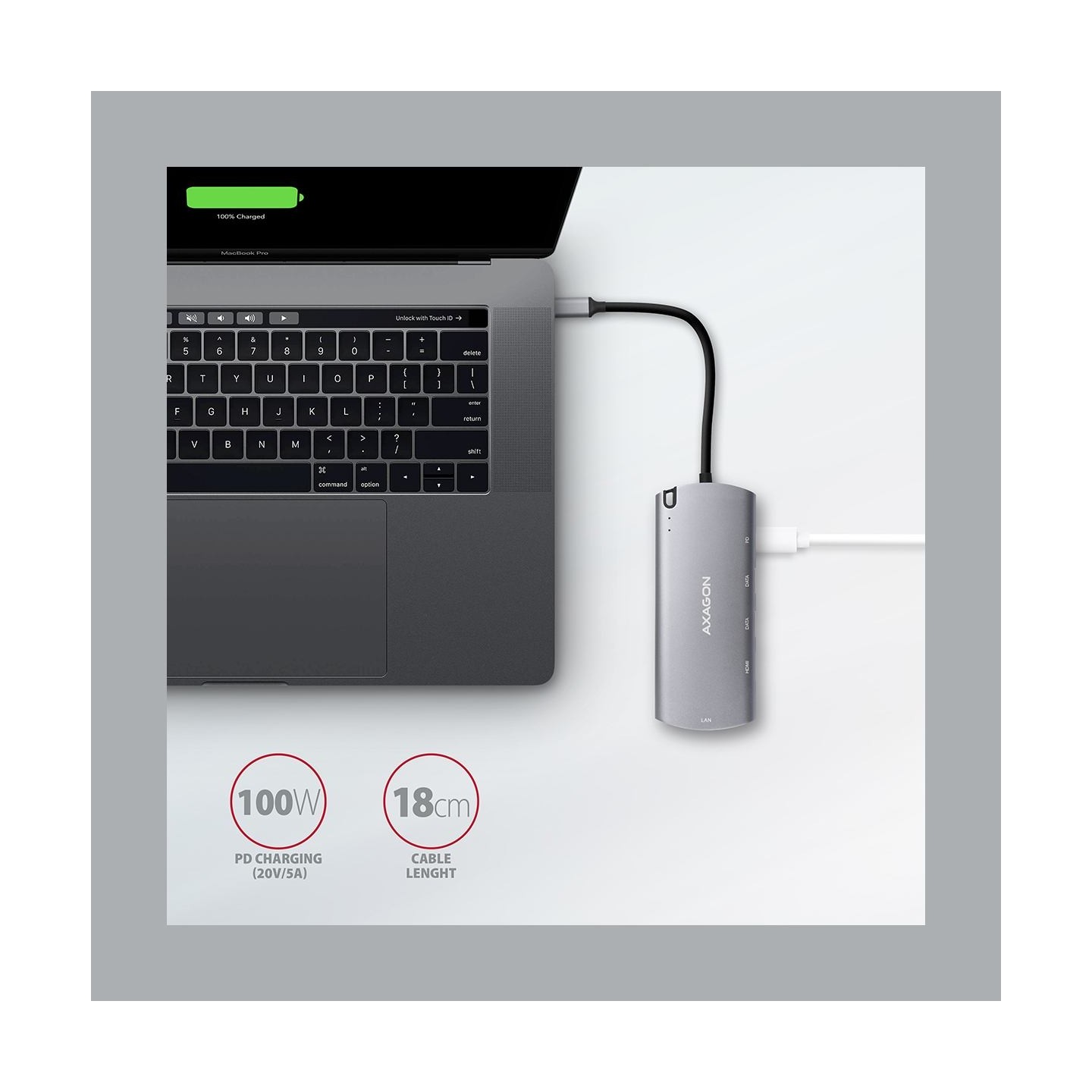 Axagon HMC-6M2 SUPERSPEED USB-C COMBO 6IN1 HUBMultiport USB 3.2 Gen 1 hub. SATA M.2, HDMI, Gigabit LAN and Power Delivery. Cable