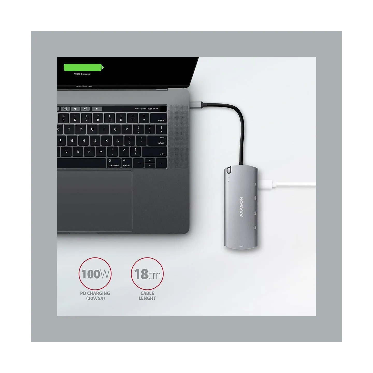 Axagon HMC-6M2 SUPERSPEED USB-C COMBO 6IN1 HUBMultiport USB 3.2 Gen 1 hub. SATA M.2, HDMI, Gigabit LAN and Power Delivery. Cable