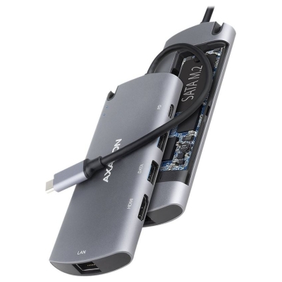 Axagon Hub HMC-6M2 USB-C 3.2 Gen 1 hub w. M.2 SATA + HDMI + GLAN + 2x USB-A + PD 100W