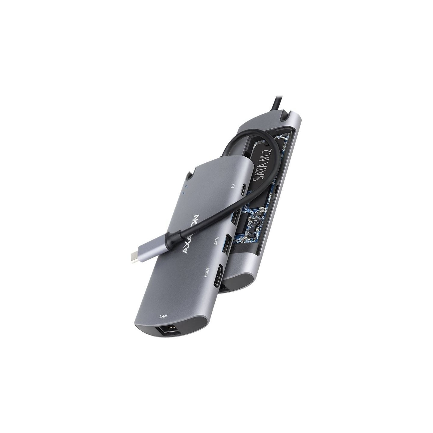 Axagon HMC-6M2 SUPERSPEED USB-C COMBO 6IN1 HUBMultiport USB 3.2 Gen 1 hub. SATA M.2, HDMI, Gigabit LAN and Power Delivery. Cable