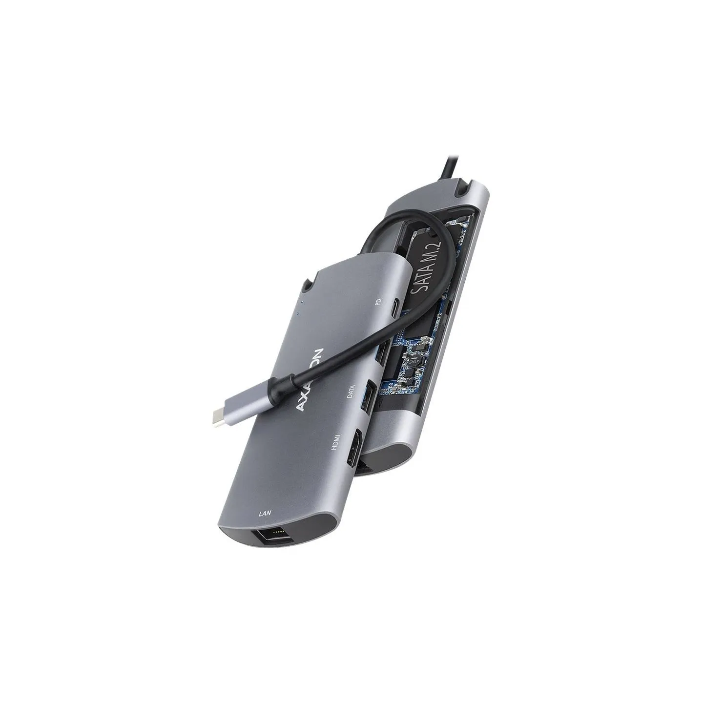 Axagon HMC-6M2 SUPERSPEED USB-C COMBO 6IN1 HUBMultiport USB 3.2 Gen 1 hub. SATA M.2, HDMI, Gigabit LAN and Power Delivery. Cable
