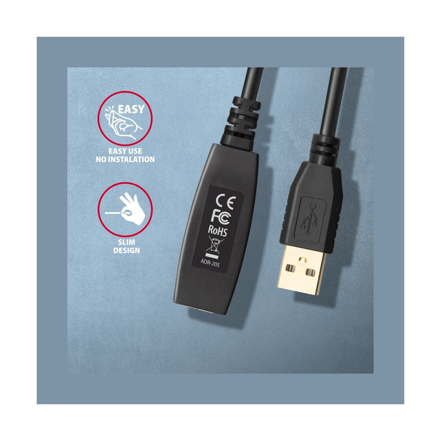 Axagon Active extension USB 2.0 A-M> A-F cable, 5 m long. Power supply option.