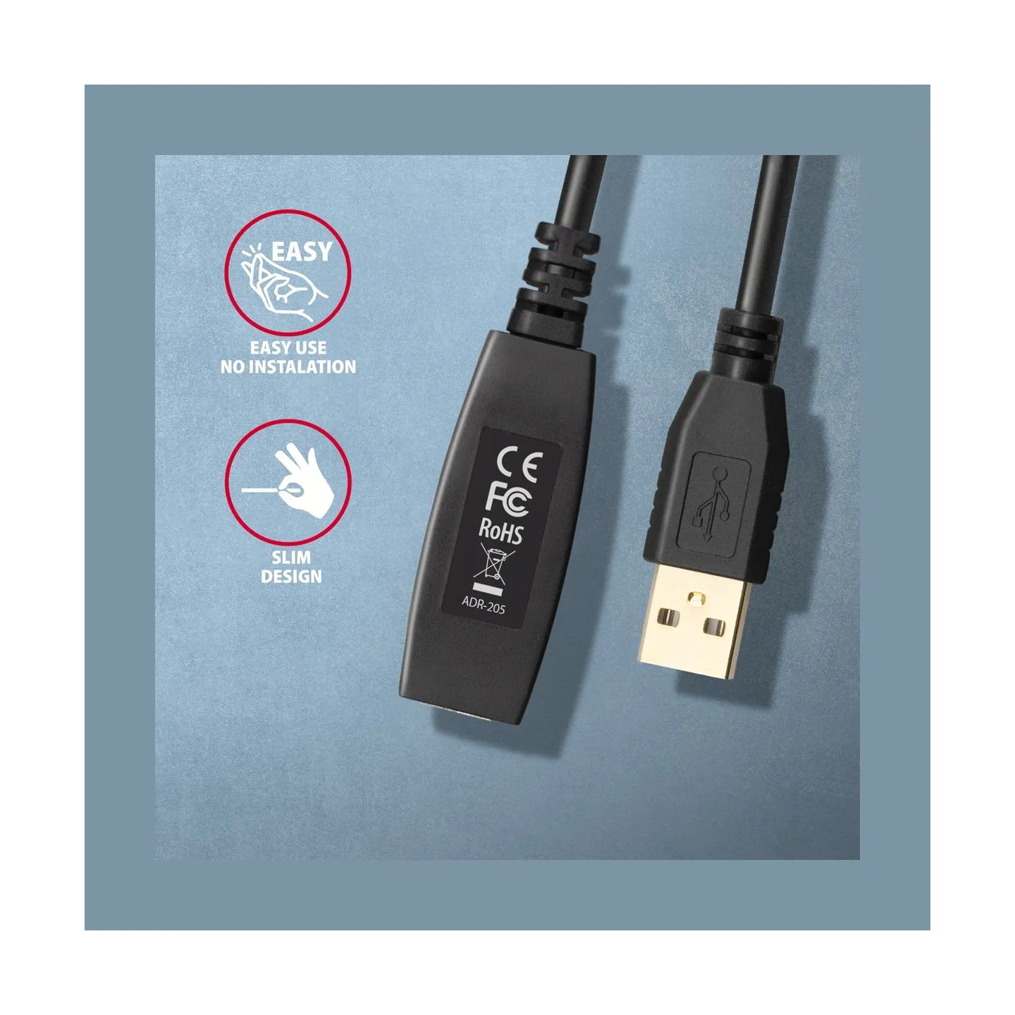 Axagon Active extension USB 2.0 A-M> A-F cable, 5 m long. Power supply option.