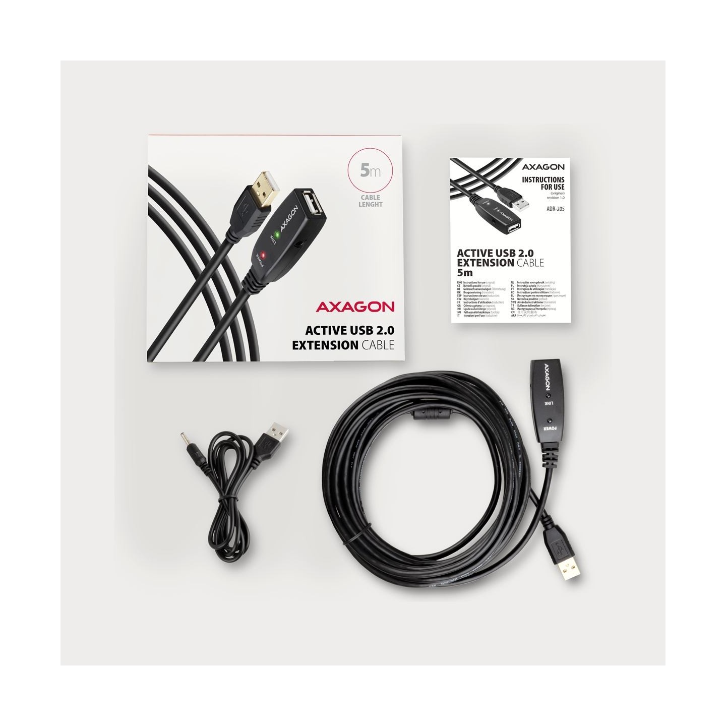 Axagon Active extension USB 2.0 A-M> A-F cable, 5 m long. Power supply option.