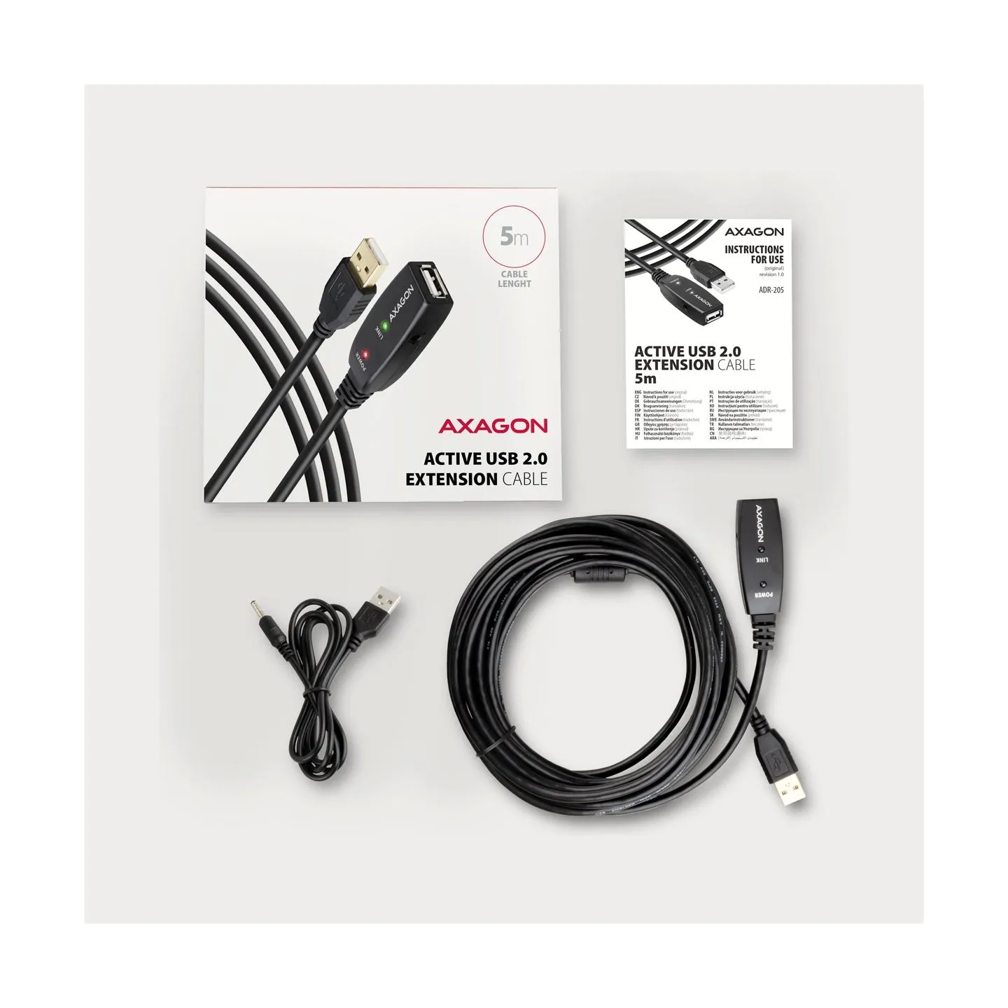 Axagon Active extension USB 2.0 A-M> A-F cable, 5 m long. Power supply option.