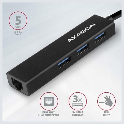 Axagon Hub HMA-GL3A 3x USB-A + GLAN, USB3.2 Gen 1, metal, 20cm USB-A cable