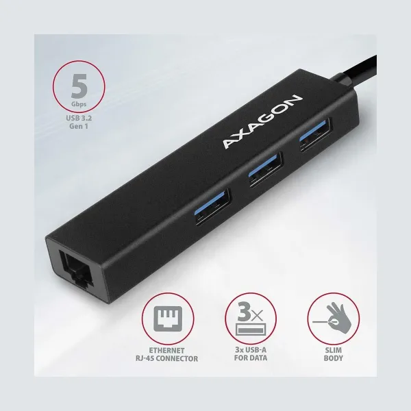 Axagon Hub HMA-GL3A 3x USB-A + GLAN, USB3.2 Gen 1, metal, 20cm USB-A cable