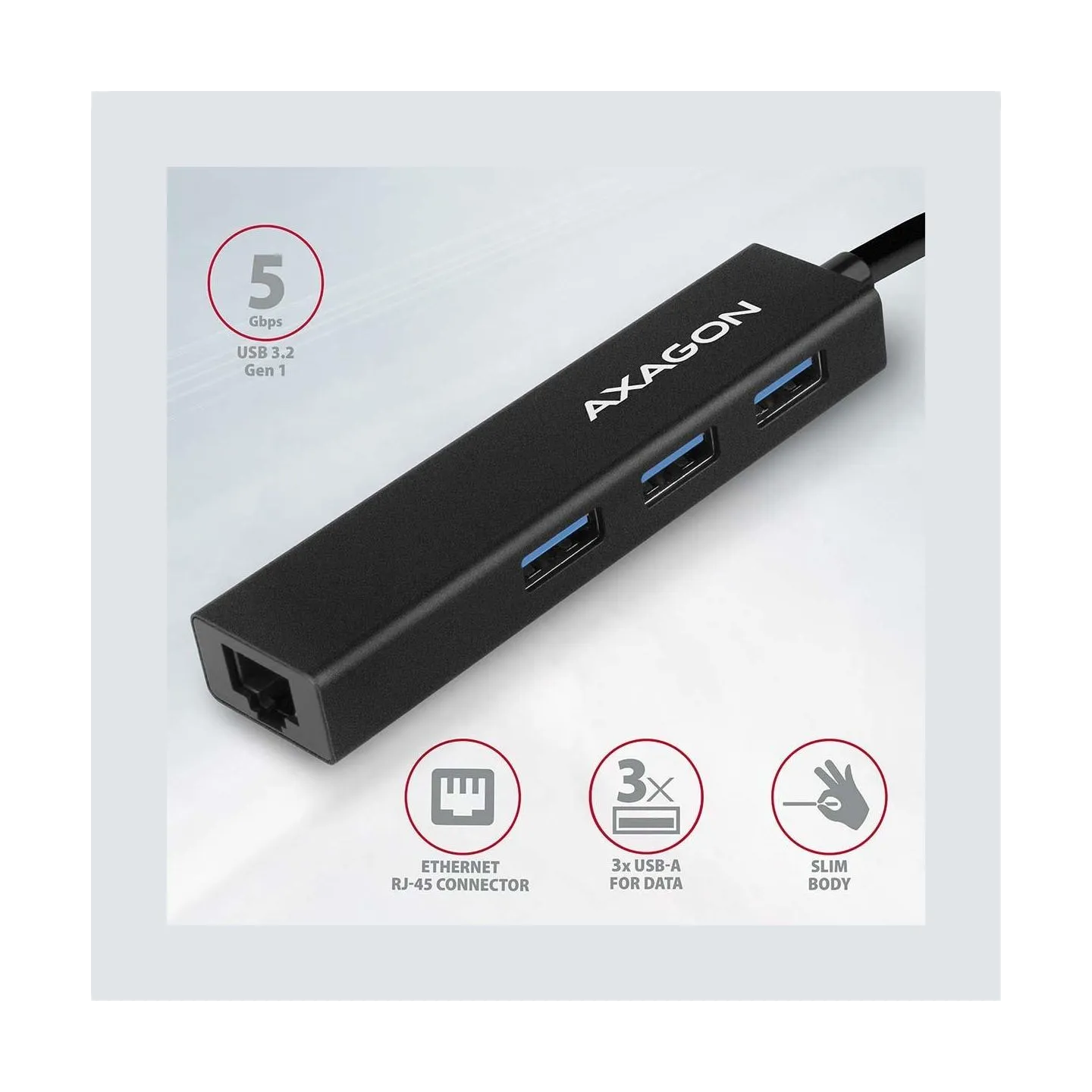 Axagon Hub HMA-GL3A 3x USB-A + GLAN, USB3.2 Gen 1, metal, 20cm USB-A cable