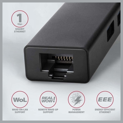 Axagon Hub HMA-GL3A 3x USB-A + GLAN, USB3.2 Gen 1, metal, 20cm USB-A cable