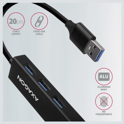Axagon Hub HMA-GL3A 3x USB-A + GLAN, USB3.2 Gen 1, metal, 20cm USB-A cable