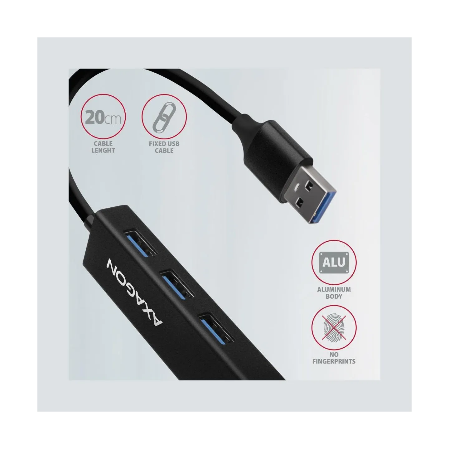 Axagon HMA-GL3A 3x USB-A + GLAN, USB3.2 Gen 1 hub, metal, 20cm USB-A cable